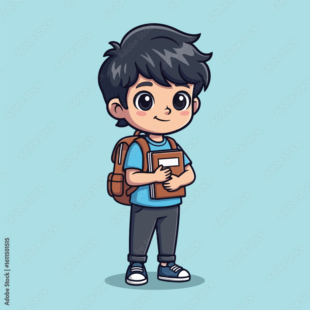 Cartoon illustration of a young boy with dark hair, wearing a backpack and holding a book, smiling cheerfully. Cartoon illustration of a young boy with dark hair, wearing a backpack and holding a book, smiling cheerfully.