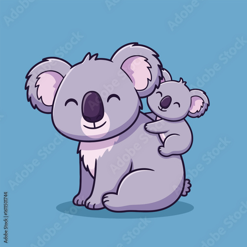 A cartoon depiction of a koala bear with a baby koala riding on its back, smiling.
