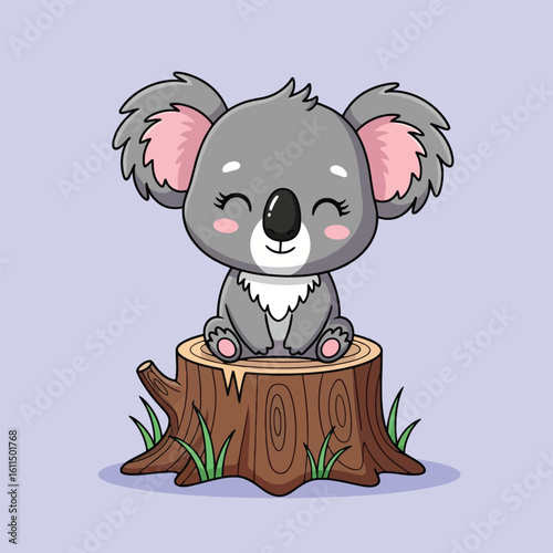 A cute cartoon koala with closed eyes sits atop a tree stump surrounded by grass, set against a light purple background.