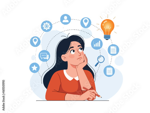 A pensive woman surrounded by floating icons brainstorms and discovers a creative solution, symbolized by a bright lightbulb.
