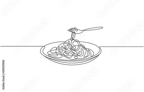 Continuous one line drawing of Pasta and spaghetti. Single line drawing illustration of Noodle on plate with fork, Italian spaghetti noodle for web banner and food delivery service in simple line.