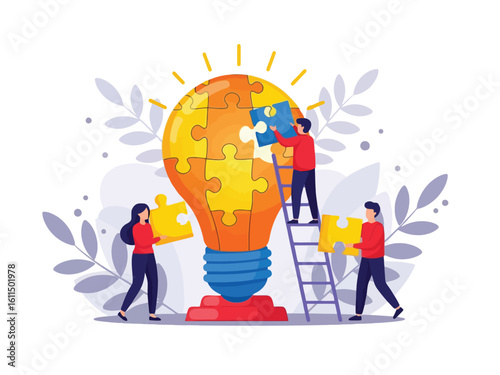 Three people collaborate to complete a lightbulb made of jigsaw puzzle pieces, symbolizing teamwork and creative problem-solving against a floral background.