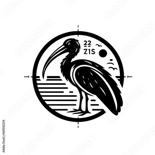 A stylized ibis stands by the water under a celestial body