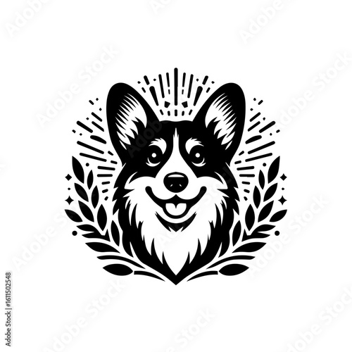 A happy corgi dog head illustration with laurel leaves