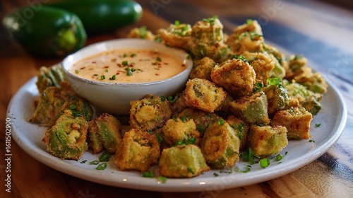 Plate of fried okra with a golden crispy coating served with spicy dipping sauce Southern farmhouse kitchen