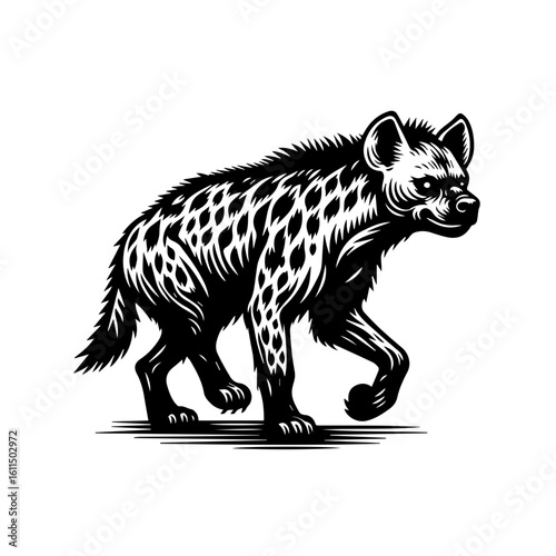 A spotted hyena walks with a determined stride