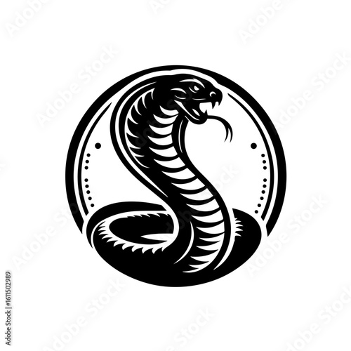 A striking black and white illustration of a cobra snake