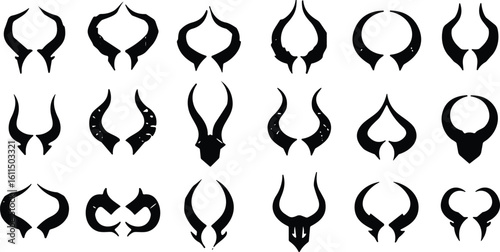 Black tribal horned helmet vector icons, fantasy warrior symbol set, demonic horn designs, gothic tattoo elements, dark silhouette graphic elements, mystical horn shapes
