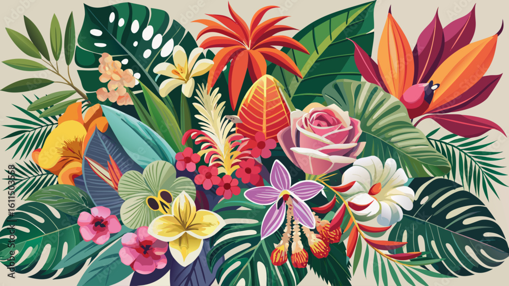 Fototapeta very Beautiful Exotic tropical flowers, orchid, strelitzia, hibiscus, protea, anthurium, palm, monstera