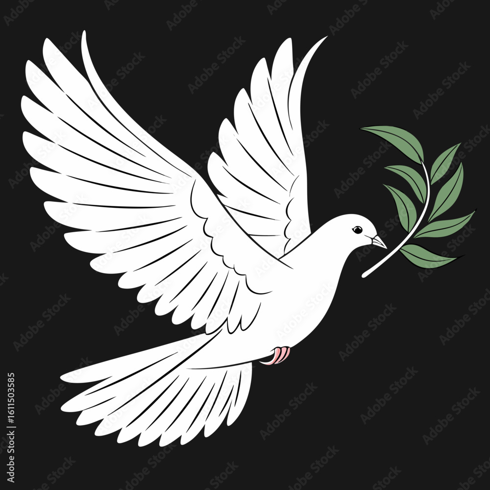 Obraz premium Vector art of a white dove carrying an olive branch soars through the air, symbolizing peace and hope
