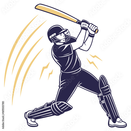 Vector art of a cricket batsman in full gear swings his bat with power, ready to strike the ball isolated on white background