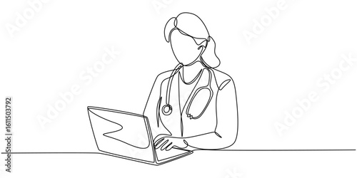 Woman Doctor, Continuous line drawing of female doctor checking patient medical record on a laptop.single-line women doctor with stethoscope in front of laptop.Medical healthcare concept vector