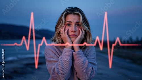 Woman Experiencing Anxiety and Emotional Distress, Heartbeat Monitor Overlay