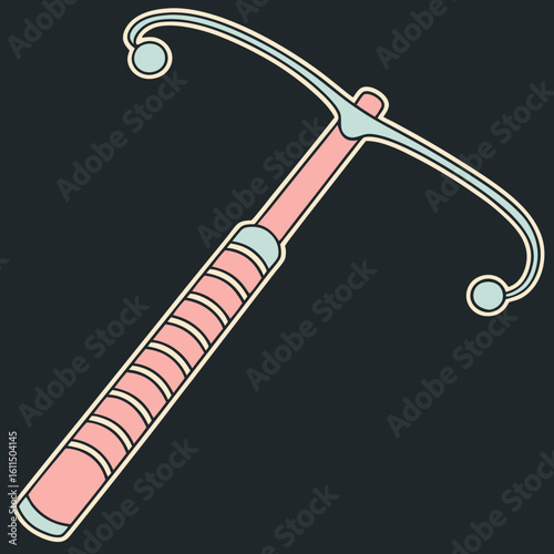 Vector art of a pink and blue intrauterine device is displayed against a dark background, representing a method of birth control