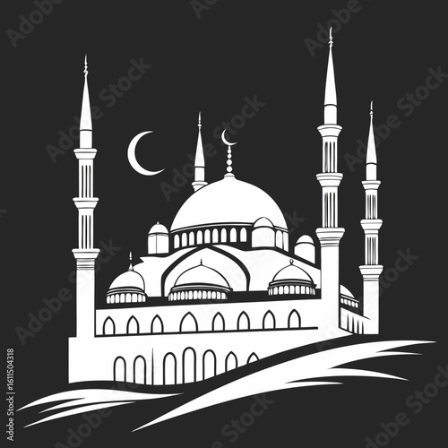 Vector art of a serene silhouette of a mosque with a crescent moon shining above its majestic domes and minarets against a dark sky