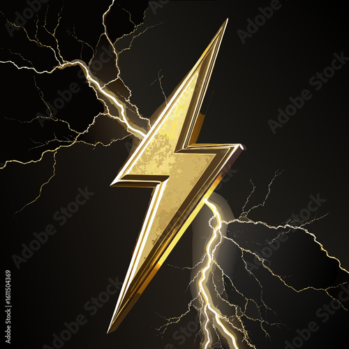 Vector art of a golden lightning bolt strikes dramatically against a dark backdrop, surrounded by crackling energy and the raw power of a thunderstorm