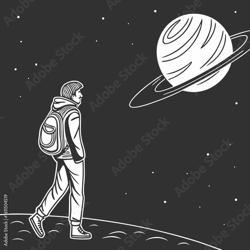 Vector art of a lone traveler walks on a celestial body towards a ringed planet in the vast expanse of space