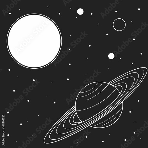 Vector art of a minimalist illustration of saturn and other celestial bodies in a starfilled night sky, evoking a sense of cosmic wonder