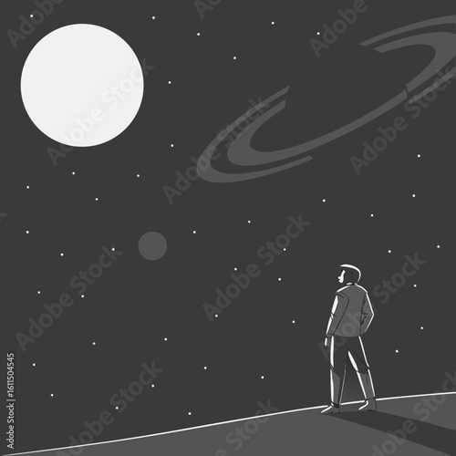 Vector art of a lone figure gazes up at a starry night sky, contemplating the vastness of space and the mysteries of a distant, ringed planet