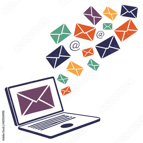 Vector art of a laptop is sending and receiving colorful email messages, symbolizing digital communication and online correspondence