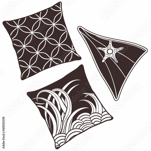 Vector art of three decorative pillows with different patterns are isolated on white background, adding a touch of style to any living space