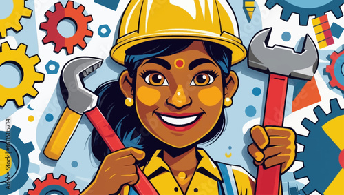 Smiling female builder in a hard hat holding a hammer. A capable handywoman character for construction, repair, and DIY projects.