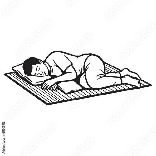 A black and white illustration of a man sleeping comfortably on a mat and pillows