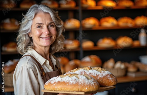 Smiling elderly woman holding freshly baked bread in a bakery shop
