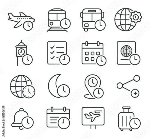 Travel and time icon set featuring transportation and scheduling symbols