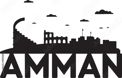 Black vector silhouette of Amman, includes Roman Amphitheater, city hills, Jordanian capital skyline on white