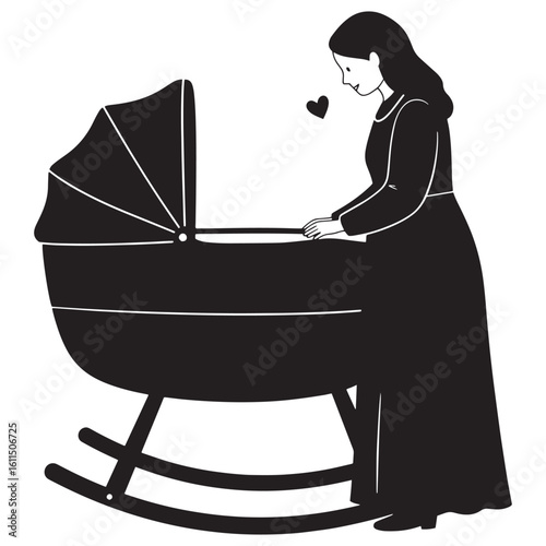 A mother gazing with love at her baby in a cradle black and white illustration