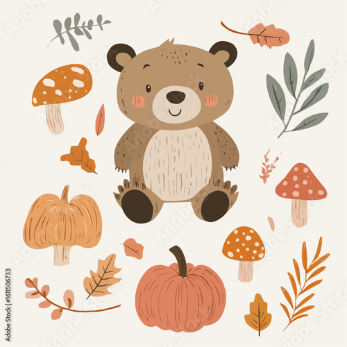 Adorable bear cub with autumn forest elements in a clipart set, great for nursery printable decor and cozy seasonal wall art