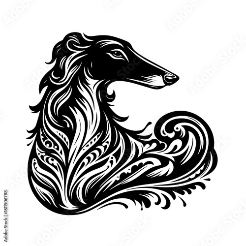 An ornate illustration of a borzoi dogs head and neck