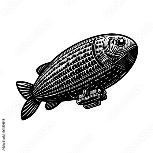 A vintage fishshaped airship floats through the sky