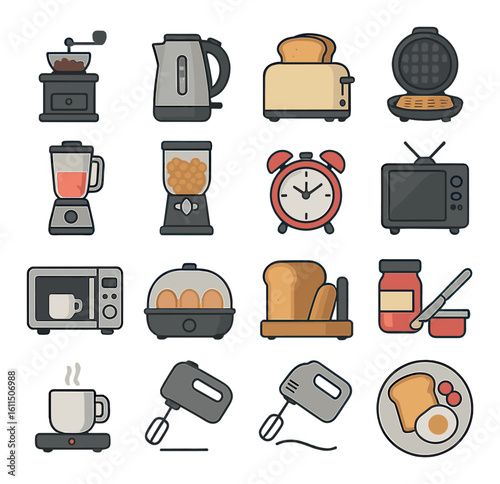 Household kitchen appliances with bread and breakfast food icons