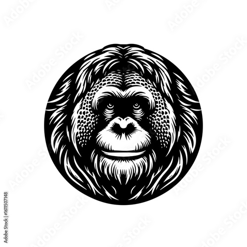 A striking black and white illustration of an orangutans face