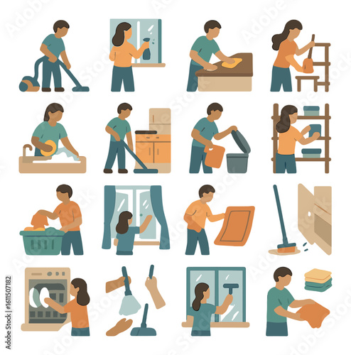 Diverse adults engaged in various household chores in stylized illustration