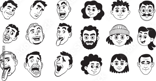Black and White Cartoon Faces Displaying Varied Expressions Whimsical Collection of Expressive Characters in a Line Art Style