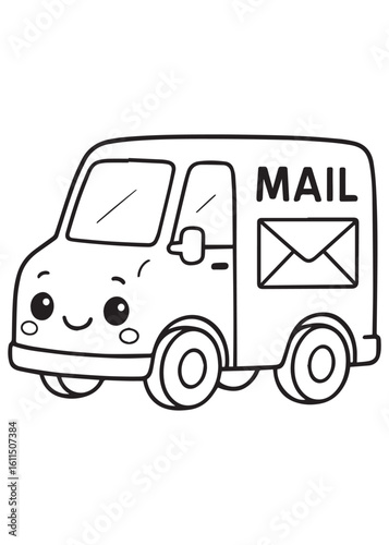 Coloring book mail delivery truck with a happy face.