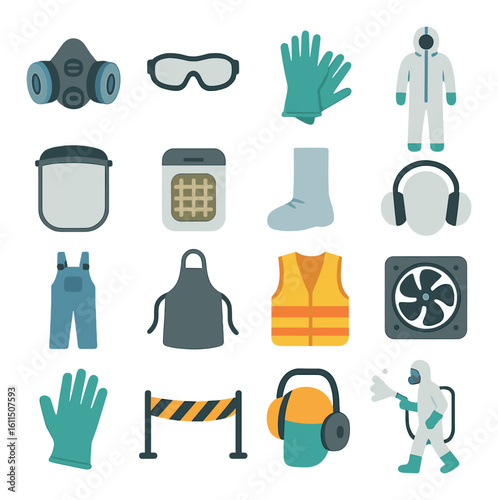 Safety equipment icons: masks, gloves, overalls, and more for workplace protection