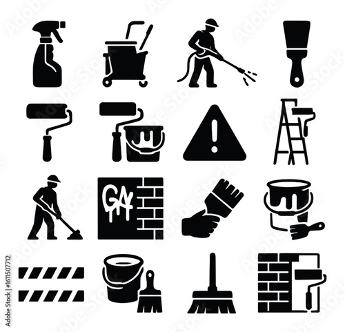 Black silhouettes of cleaning and painting tools and activities