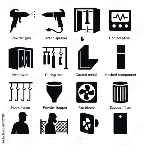 Industrial powder coating equipment icons: guns, sprayer, oven, rack, hopper, fan, filter, panel