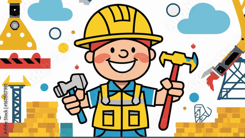 Happy cartoon construction worker with a hammer at a building site. Vector illustration for industry and development concepts.