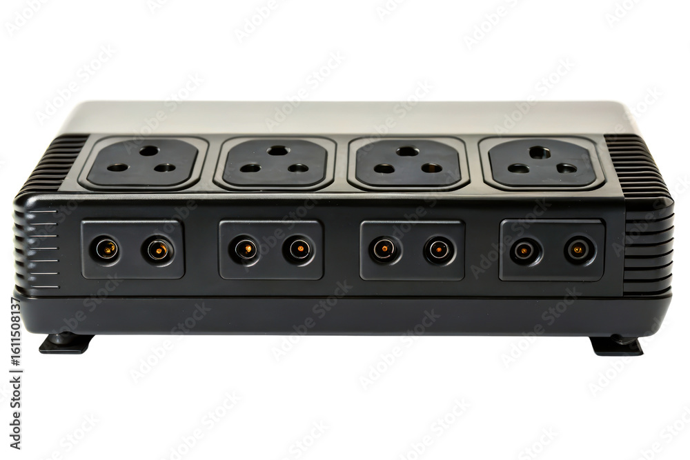 Fototapeta premium Black power strip with multiple universal sockets and power connectors isolated with transparent background