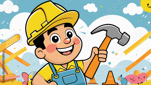 Happy cartoon builder boy in a hard hat holding a hammer for construction work. A cheerful child character in overalls playing on a sunny day illustration.