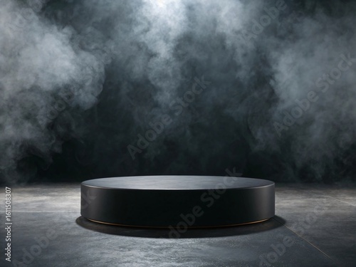 Black cylindrical podium on dark floor with smoky background Cylinder Smoke