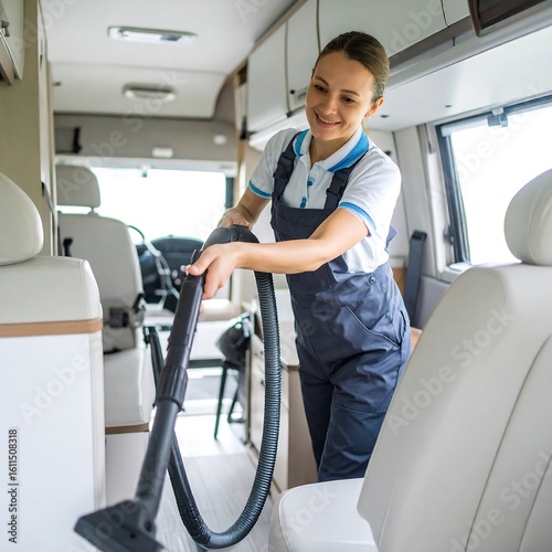 Woman cleaning RV interior with vacuum