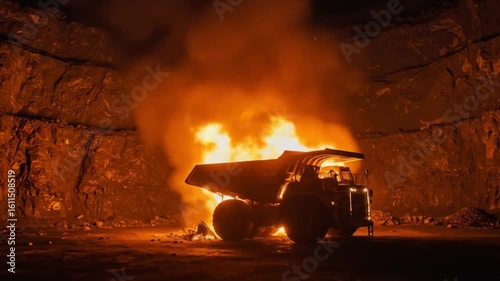 Dramatic footage of a mining truck on fire in a quarry. Ideal for use in safety training, industrial accident illustrations, or cinematic disaster scenes.