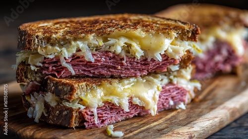 Reuben sandwich with layers of corned beef sauerkraut Swiss cheese and Russian dressing on rye