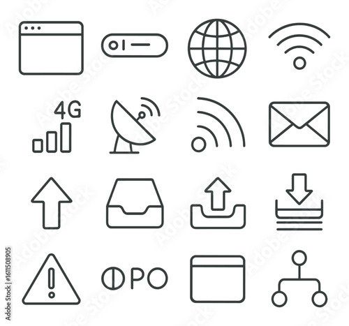 Set of network and communication icons on gray background